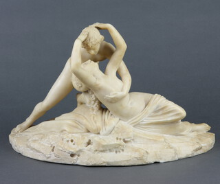 A Victorian carved alabaster figure group of Psyche and cupid, raised on an oval base 20cm h x 36cm w x 17cm d 