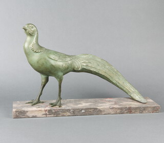 An Art Deco verdigris spelter figure of a standing pheasant, raised on a grey marble base 31cm h x 50cm w x 12cm d 