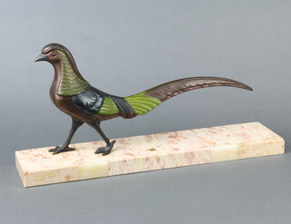 An Art Deco painted spelter figure of a walking pheasant raised on a rectangular marble base 23cm h x 45cm w x 10cm d 