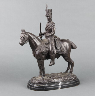 A 20th Century bronze figure of a mounted Napoleonic cavalryman raised on an oval black stepped marble base 40cm h x 30cm w x 14cm d 