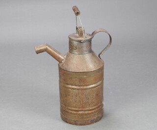 A 19th Century cylindrical pressed metal and lidded spouted jug with brass plaque marked Mrs D Hopkins 52cm h x 24cm 
