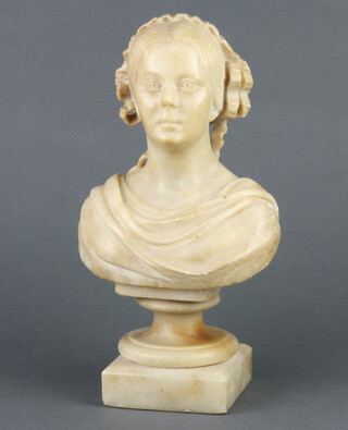 A Victorian carved alabaster head and shoulders portrait bust of "Queen Victoria" raised on a square base 30cm h x 10cm w x 10cm d 