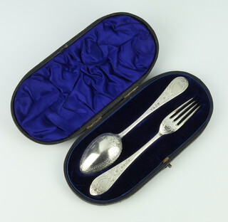 A cased Victorian silver fork and spoon London 1866, 70 grams 