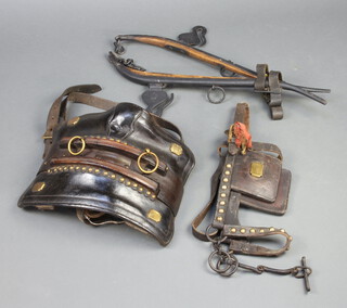 A pair of iron and wooden horse hanes, pair of leather and brass blinkers