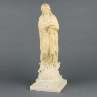 A carved alabaster figure of a standing Virgin Mary with snake on an associated square stepped base 44cm h x 15cm w x 16cm d 