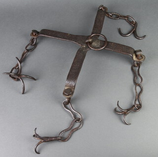An iron pot hanger of cruciform form, hung 3 hooks 45cm h x 37cm w x 37cm d  