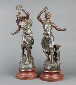 After C H. Ruchol, a pair of 19th/20th Century spelter figures of a standing blacksmith and lady, raised on turned bases 41cm x 14cm 
 