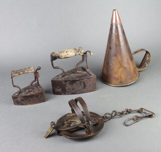 H Lane, a 19th Century iron and brass pole trap 9cm x 13cm, 2 19th Century box irons complete with slugs and a metal and copper funnel 27cm h x 15cm 