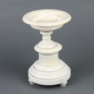 A 19th Century circular white marble bowl raised on turned pedestal with bun feet 23cm x 16cm 