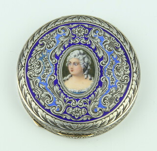 A 19th Century Continental 800 standard circular compact, the enamelled cover decorated with a portrait of a lady 6cm, 72 grams gross