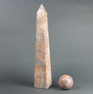 A pink veined marble obelisk 60cm h x 10cm x 10cm together with a ditto sphere 9cm 