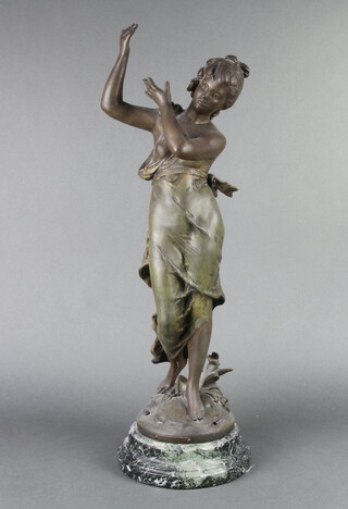 An Art Nouveau spelter figure of a standing girl "Nereide", indistinctly signed, raised on a circular marble base  24cm h x 18cm diam., converted to a standard lamp 
