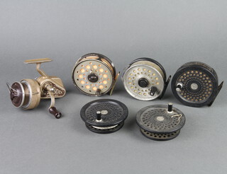 A Farlow Cobra centre pin fishing reel, an Abu Diplomat 178 fishing reel, 1 other reel, 2 spare spools and an Ambidex fishing reel  