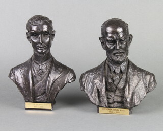 A pair of resin head and shoulders portrait busts of Frederick Henry Royce 1863-1933 and Charles Stewart Rolls 1877-1910 21cm h x 19cm w x 5cm d 