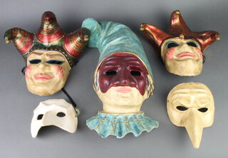 Mascarone, 3 20th Century Venetian carnival masks masked Mascarone Venice 1990 together with 2 similar plain masks 