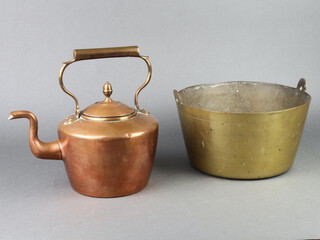 A 19th Century copper kettle with acorn finial 37cm h together with a brass preserving pan 19cm x 28cm (2) 