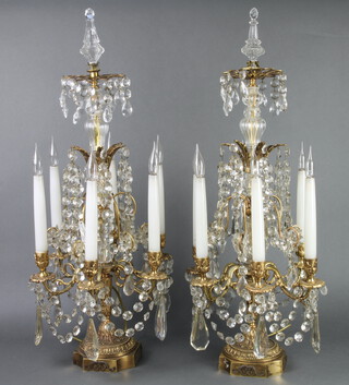 An impressive pair of 6 light gilt metal and cut glass Rococo style electric table candelabrum 79cm h x 33cm 