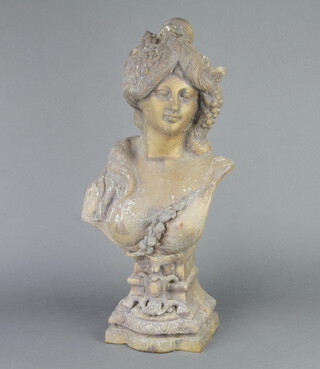 An Art Nouveau style verdigris bronze head and shoulders portrait bust of a lady 53cm h x 17cm w x 15cm d 