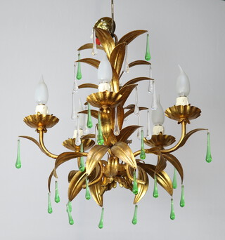 A Venetian style gilt metal 5 light electrolier with gilt floral decoration hung green and gilt metal drops 42cm x 46cm 