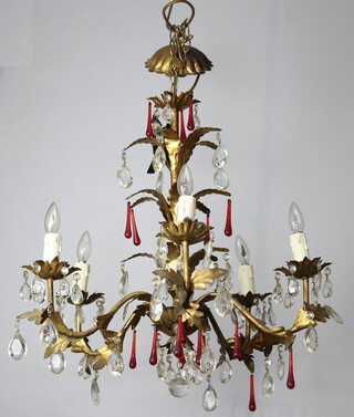 A Venetian style gilt metal 5 light electrolier with leaf decoration, white and red drops 52cm h x 53cm 