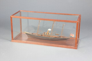 A 19th Century wooden model of a Royal Navy three masted steamship contained in a wooden case 52cm h x 77cm w x 30cm d 