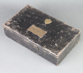 Hawkes & Co., a rectangular metal Japanned box, the lid marked Sir Bryan Leighton Baronet NB Sir Bryan Mawddwy Leighton Ninth Baronet 1868-1919, Shropshire Landowner 7cm h x 31cm w x 8.5cm d 