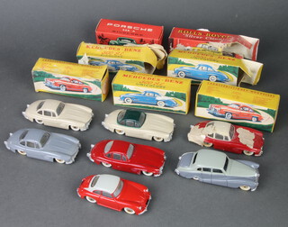 7 French diecast cars by Quiralu to include 5 Mercedes Benz 300 S.L.s in red/red and cream (box paper stuck to car) cream and green/dark grey/cream, a Porsche 356A in red and cream with a Rolls Royce Silver Cloud in grey/dark grey, all boxed