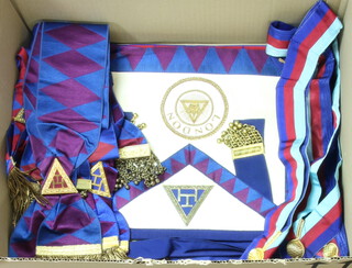 A quantity of Masonic regalia comprising 3 Provincial Royal Arch chapter aprons, a London Grand Rank ditto, 7 ditto sashes, 3 collars 