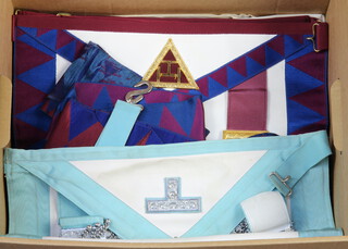 A quantity of Masonic regalia comprising 4 Royal Arch companions aprons and 3 sashes, 3 Royal Arch principals aprons, 3 sashes, and a Worshipful Master's apron 