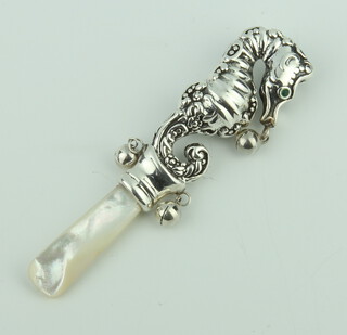 A Victorian style silver teething rattle in the form of a seahorse 9cm