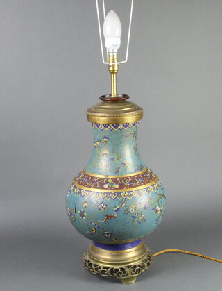 A cloisonne enamelled club shaped vase raised on a pierced gilt metal base, converted to an electric table lamp complete with shade 52cm h x 26cm diam. 
