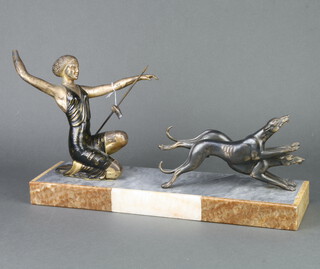 An Art Deco spelter figure of a kneeling lady with 2 running hounds, raised on a 3 colour marble base, the hounds leg marked Perrina, 25cm h x 44cm w x 12cm d 
