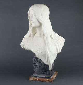 Poesie, an Art Nouveau style head and shoulders portrait bust of a lady raised on a square marble base 61cm h x 19cm w x 19cm d  