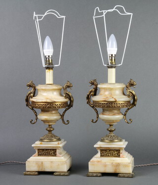 A pair of 19th Century marble and gilt metal lidded urns converted for use as electric table lamps 33cm h x 17cm w x 11cm d  