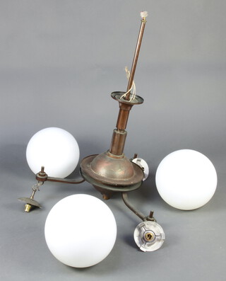 An Art Deco coppered 3 light electrolier, hung 3 opaque glass globes approx. 103cm h x 58cm diam. 