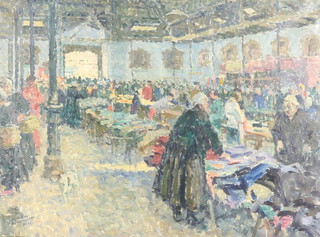 Murray McNeel Caird Urquhart (1880-1972), oil on canvas signed and dated 1931, a Scottish interior market scene with figures, stalls and customers 50cm h x 67cm 