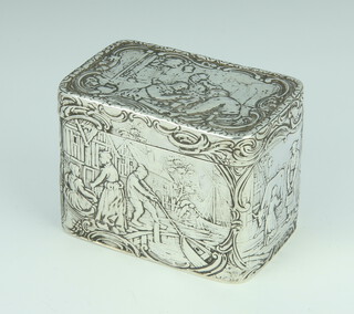 An Edwardian Continental rounded rectangular silver box with figures at pursuits, import marks for Chester 1901, 8cm, 162 grams