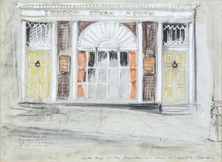 Dennis Lennon, mixed media, study for the London Steak House inscribed and signed 31cm x 42cm 