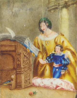18th Century watercolour unsigned, study of a mother and son reading a bible 11cm x 10cm 