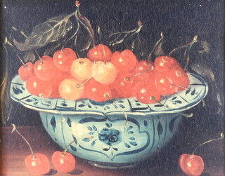 A 19th Century style oil on canvas unsigned, a study of a Delft bowl of cherries 18cm x 24cm 