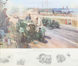 Terence Tenison Cuneo (1907-1996), coloured print dated '68 "Bentleys at Le Mans 1929" 66cm x 78cm 
