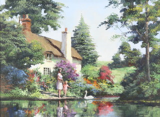 Alan King, oil on canvas signed and dated 1988, "Daily Visitor" figures before a thatched cottage, with certificate to the reverse  29cm x 39cm  