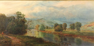 19th Century English oil on canvas unsigned, extensive Scottish landscape with fisherman beside a river and distant mountains, 32cm x 65cm 