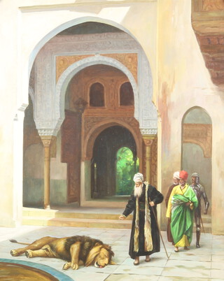 20th Century oil on canvas, a dead lion before a mosque with figures 60cm h x 50cm 
 
