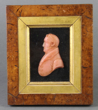 A 19th Century wax portrait bust of a gentleman wearing a frock coat 9cm x 7cm contained in a walnut frame 