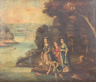 A Continental 17th Century style oil on canvas, an allegorical study of a lady with attendants casting adrift a baby in a basket on a river with distant town 64cm x 75cm 