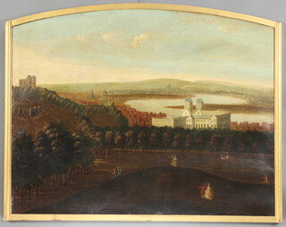 In the manner of Peter Tillemans, a mid 18th Century oil on dome shaped canvas, unsigned, a view of London and the River Thames from Greenwich Hill with the Royal Observatory to the left, The Queen's House to the right and a distant view of St Pauls with figures and animals in the foreground, 87cm h x 111cm w.  Of note is the scaffold to Queen Mary Court which competed construction in 1751.
