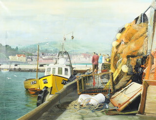 Alan Tinsey 1977, oil on canvas, Cornish quayside scene with fishing boats, 70cm x 90cm