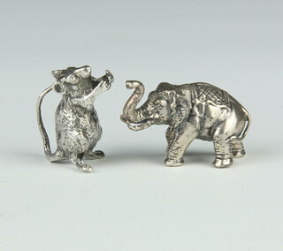A cast silver figure of a standing elephant 4cm, ditto of a mouse 3cm, 54 grams