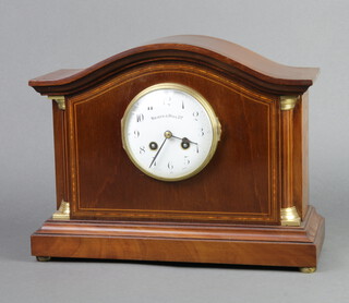 An Edwardian French 8 day striking mantel clock, the 11cm enamelled dial with Arabic numerals marked Walker & Hall Ltd., contained in an inlaid mahogany arch shaped case, complete with pendulum (no key) 26cm h x 34cm w x 13cm d 